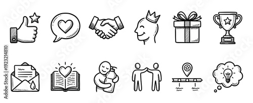 Hand-drawn doodle icon set illustrating customer loyalty, satisfaction, feedback, and business partnership, featuring a handshake, trophy, and gift box, isolated on a white background