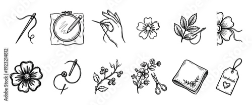 Hand-drawn embroidery and sewing icons set in a black and white sketch style, featuring a needle, thread, hoop, scissors, flowers, and handmade tag, isolated on a white background