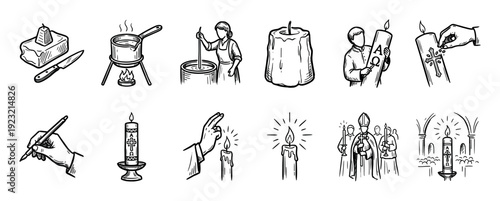 Hand-drawn icon set showing candle making and Christian religious rituals with wax, a Paschal candle, a priest, and blessing symbols in a black and white sketch style on white