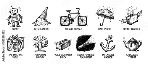 Set of ten hand-drawn absurd inventions showing paradoxical objects like a chocolate teapot and square bicycle, illustrated in a black and white sketch style isolated on white