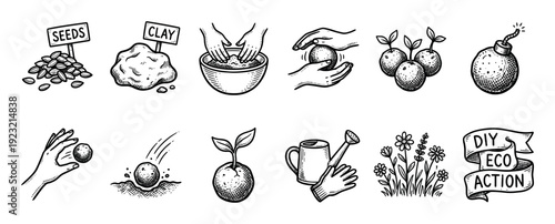 Hand drawn seed bomb instruction icons set illustrating a DIY eco action for guerilla gardening, showing the process of making and planting with clay and seeds, isolated on white