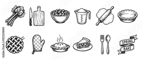 Hand drawn baking icon set with rhubarb pie ingredients and utensils in a vintage sketch style, showing the cooking process from start to finish, isolated on a white background