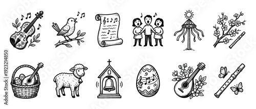 Black and white doodle icon set of spring, music, and Easter symbols like violin, flute, choir, lamb, and maypole in a hand-drawn vintage style on a white background