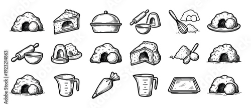 Set of hand-drawn baking icons creatively depicting the empty tomb for a Christian Easter resurrection theme, sketched in a vintage black and white style isolated on white