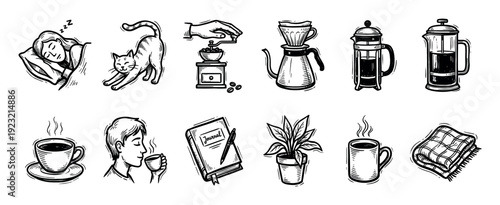 Set of twelve hand-drawn icons depicting a cozy morning routine with coffee making, a sleeping person, a stretching cat, and a journal in a vintage sketch style isolated on white