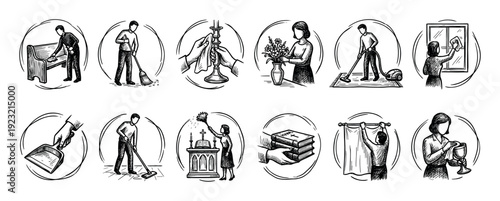 Collection of vintage hand-drawn illustrations depicting various cleaning and maintenance tasks, including religious items, presented in a classic sketch style on a white background