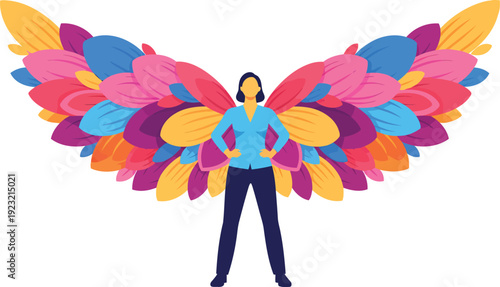 Powerful Woman Standing with Large Colorful Feather Wings Illustration