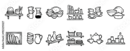 Large set of hand-drawn kitchenware illustrations featuring plates, cups, bowls, jars, and shelves in a charming black and white doodle sketch style, isolated on white background