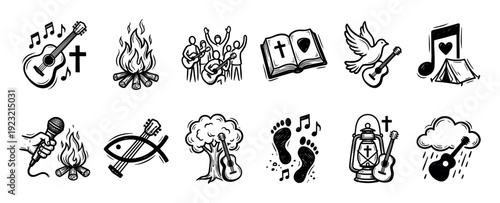 Set of hand-drawn Christian icons representing worship, music, and camping with symbols like a guitar, bible, cross, and campfire, in a black sketch style isolated on white