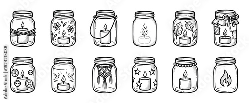 Hand-drawn glass jars with burning candles inside, a collection of rustic doodle illustrations with various decorations like macrame, leaves, and stars, isolated on white background