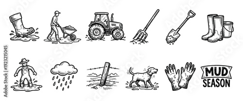 Hand-drawn mud season farming icon set with a tractor, boots, farmer, and dog in a vintage sketch doodle style illustrating rural agriculture life isolated on a white background
