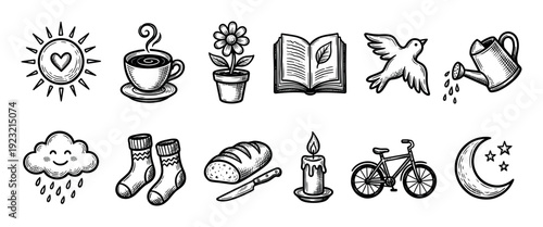 Charming collection of hand-drawn doodle icons, depicting various everyday objects and concepts in a simple black and white sketch style, isolated on a clean white background