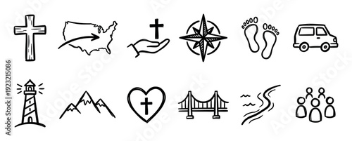 Set of hand-drawn Christian mission icons including a cross, heart, compass, and lighthouse, rendered in a simple black doodle style and isolated on a white background