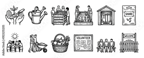 Set of hand-drawn community gardening icons showing volunteering, planting, and sharing activities in a vintage sketch style, isolated on a white background