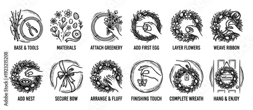 Step-by-step instructional guide for making a spring wreath, illustrated with twelve hand-drawn black and white circular icons showing each stage of the DIY craft project