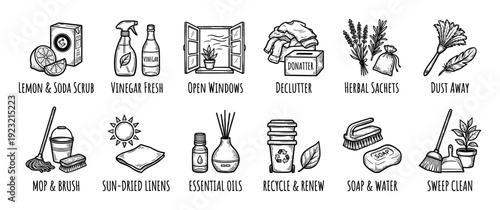 Hand-drawn black and white cleaning icons set showing natural and eco-friendly housekeeping methods like vinegar, lemon, and recycling, presented in a sketch style on a white background