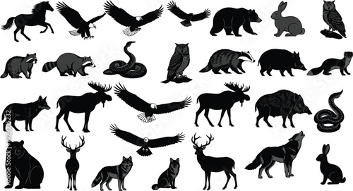 Collection of wild animal silhouettes in grid arrangement, black graphic design, artistic wildlife illustration, nature theme, educational identification artwork