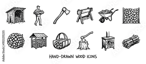 Hand-drawn firewood and woodcutting icon set in a black and white sketch style, featuring an axe, stove, logs, woodshed, and other logging equipment isolated on white