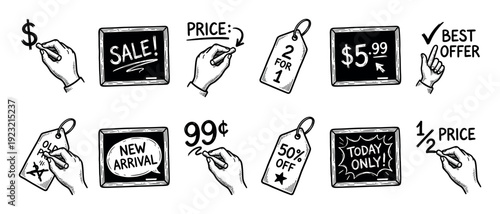 Hand drawn black and white sale icons set with hands writing prices, discounts, and special offers on chalkboards and tags in a sketch style, isolated on a white background