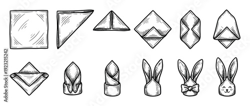 Napkin folding instructions for a bunny shape showing the step-by-step process in a hand-drawn sketch style, a creative table decoration guide for holiday dining isolated on white