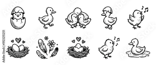 Hand-drawn set of cute Easter chicks and ducklings in various poses, including hatching, singing, and cuddling, with nests, eggs, and feathers in a charming doodle sketch style isolated on white