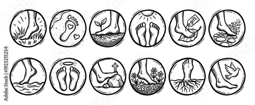Hand-drawn collection of symbolic foot icons showing various spiritual, natural, and wellness concepts in a black and white sketch style, isolated on a white background