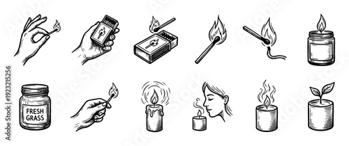 Hand-drawn set of candle and match icons in a vintage sketch style, including burning flames, matchboxes, jars, and hands, isolated on a white background