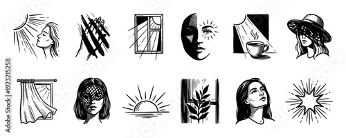 Collection of twelve hand-drawn graphic icons in a black and white woodcut style, depicting morning themes like sunrise, windows, and female portraits, isolated on a white background