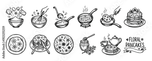 Hand-drawn pancake recipe illustration set showing cooking steps from mixing batter to frying and serving with flowers and honey, isolated on a white background