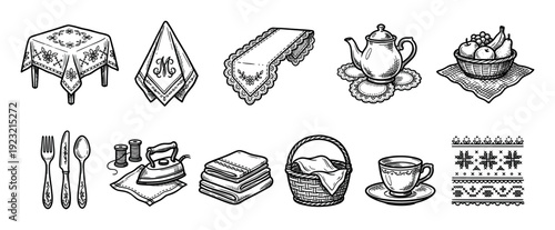 Collection of hand-drawn vintage household items including a tablecloth, teapot, cutlery, and embroidered linens in a detailed sketch or engraving style, isolated on a white background