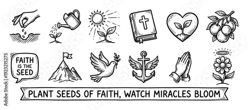 Hand-drawn Christian faith icons set illustrating spiritual growth from a seed to a blooming flower with Bible, dove, and praying hands isolated on white