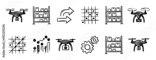 Hand-drawn logistics and warehouse automation icons set with drones, shelves, and gears in a doodle sketch style for supply chain and inventory management concepts, isolated on white