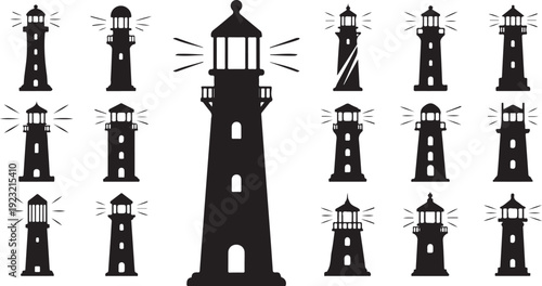 Collection of various lighthouse silhouettes in black and white