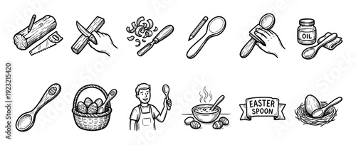 Set of hand-drawn black icons showing the process of carving a wooden spoon for Easter, with tools, eggs, and a basket in a sketch style isolated on white background