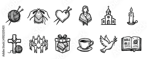 Hand-drawn black and white icon set illustrating Christian charity, community, and knitting themes like a church, bible, dove, and yarn, in a doodle sketch style on white