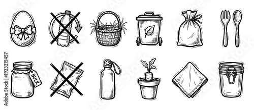 Zero waste and eco-friendly lifestyle icons set in a hand-drawn sketch style showing reusable items like jars, bottles, and bags, isolated on a white background