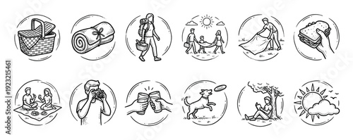 Hand-drawn picnic and outdoor activity icon set showing a basket, blanket, family, sandwich, and dog in a vintage sketch doodle style isolated on a white background