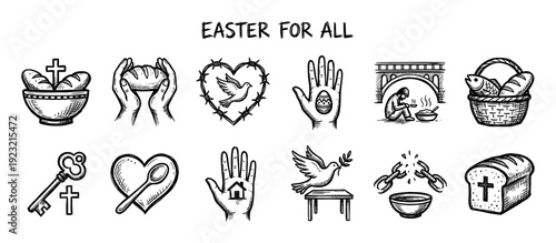 Set of hand-drawn Christian Easter icons representing charity, hope, peace, and faith in a black and white sketch style isolated on a white background