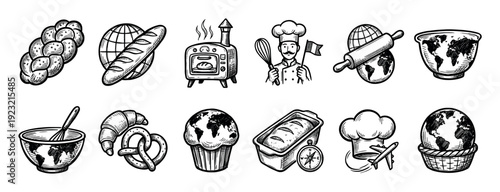 Hand-drawn set of bakery and global icons in a black and white sketch style, illustrating international cuisine, world food, and travel concepts with bread, a chef, and a globe