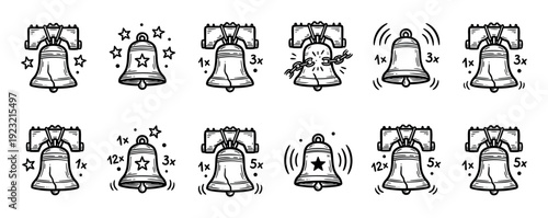Cracked liberty bell icon set featuring twelve hand-drawn variations in a bold black and white sketch style, showing ringing sounds, stars, and game multipliers on white