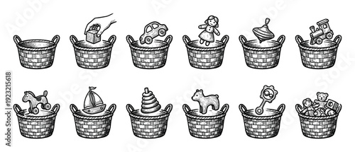 Hand-drawn toy storage and organization icons showing various vintage playthings like a car, doll, and train being put into wicker baskets in a retro sketch style isolated on white