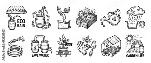 Set of hand-drawn gardening ecology icons showing water conservation, rainwater harvesting, and planting in a vintage sketch doodle style, isolated on a white background