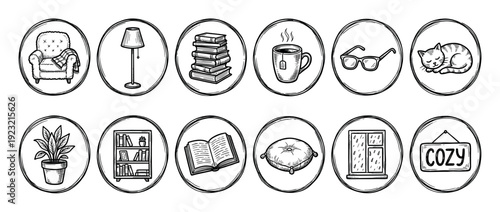 Set of hand-drawn cozy home icons featuring an armchair, books, a sleeping cat, and a steaming mug, rendered in a black and white doodle style isolated on white background