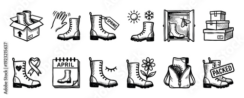Hand-drawn black and white icon set featuring boots being packed, stored for spring, donated to charity, and used for seasonal wear, in a simple doodle style isolated on white background