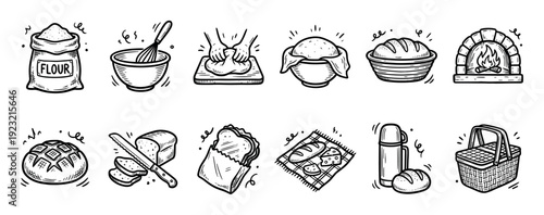 Hand drawn bread making and bakery icons collection showing the process from flour and kneading dough to baking in a brick oven and enjoying a picnic with a sandwich and cheese