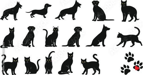 Dogs and cats silhouette vector illustration, black bold style, yellow eyes design, paw prints graphic, pet animal art, domestic theme