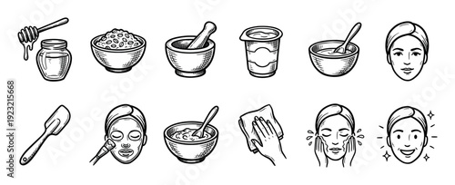 Hand drawn skincare routine icon set showing homemade facial mask ingredients and application steps in a black and white doodle style isolated on white background