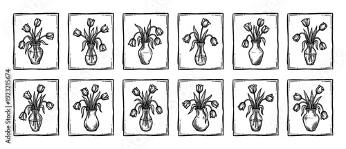 Hand drawn black and white tulip bouquets in vases seamless pattern, a vintage floral illustration with sketchy lines and hatching in a repeating grid on a white background