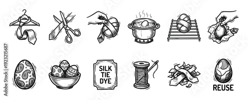 Hand drawn icon set showing silk tie dyeing process for Easter eggs, a creative DIY craft tutorial with steps for upcycling and reuse, isolated on a white background