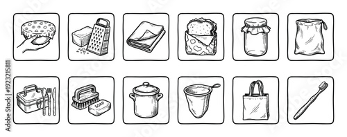 Hand-drawn zero waste lifestyle icon set featuring reusable household items like a glass jar, tote bag, lunchbox, and toothbrush in a black and white sketch style isolated on white